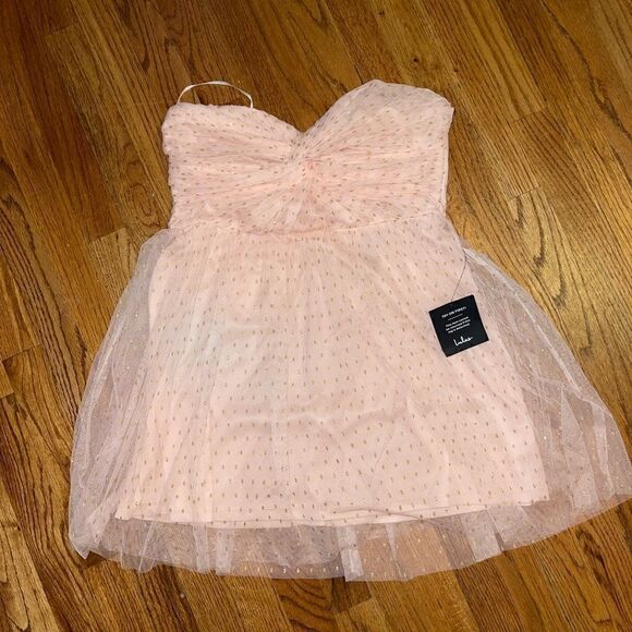 Lulus Destined for Dancing Pink Polka Dot Mesh Strapless Mini Tule Dress Size L - Picture 6 of 11